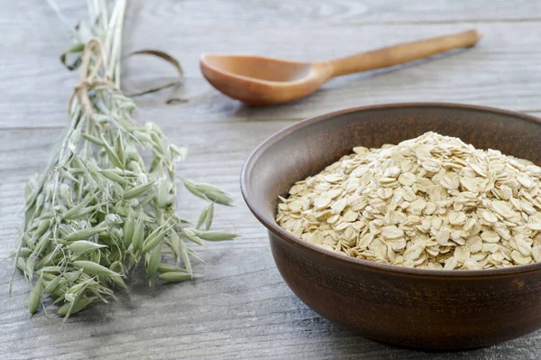 Oat flakes in vintage brown ceramic bowl with oat ears and wooden spoon on grey wooden background.