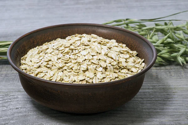 Oatmeal flakes in a deep ceramic brown dark bowl close-up against green oat ears on an old faded gray wooden table. — 스톡 사진