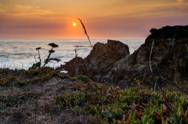 Californ plaj Pasifik Okyanusu doğru güneş ile günbatımı görünümü