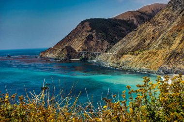 Ocean View Beach Shore ve su ile Californi mavi gökyüzünde
