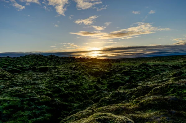 Altın saat sırasında yeşil yosun ile İzlanda manzara üzerinden günbatımı — Stok fotoğraf