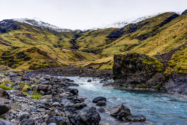 Iceland nature view with meadows and water