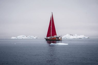 Buzdağları arasında küçük bir tekne. Gece yarısı güneşilulissat sırasında Disko Körfezi buzul yüzen buzdağları arasında seyir yelkenli Ilulissat, Grönland. Küresel ısınma buzve buzdağları fenomeninin incelenmesi