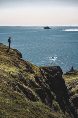 Buzdağının önünde duran genç bir turist. Ilulissat 'taki Icefjord' a doğru bak. Grönland 'daki Kangia buzullarından gelen buzdağları mavi gökyüzü ve bulutlarla yüzüyor. Küresel ısınmanın sembolü.