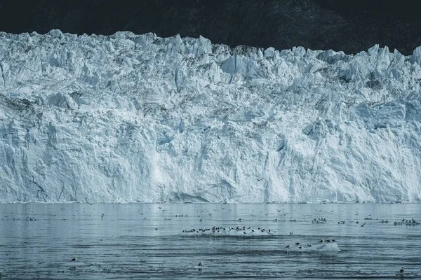 Close Up shot of huge Glacier wall. Large chunks of ice breaking off. Moody and overcast weather. Eqip Sermia Glacier called Eqi Glacier. Greenlandic ice cap melting because of global warming. — Stock Photo, Image