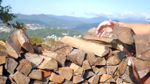 Wood, Stack of Wood for a Frosty Winter, for lighting a fireplace in a chalet. against the background of the mountains. 4k, slow motion. copy space — Stock Video