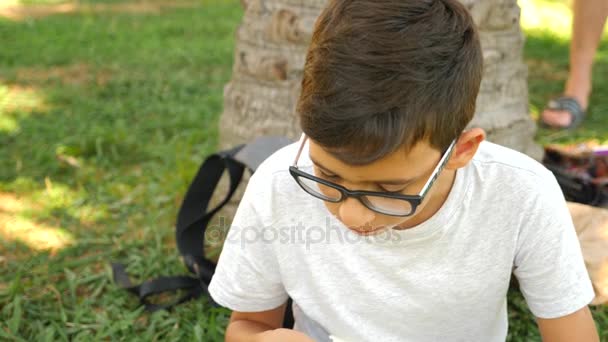 Atraktivní kluk, jíst čerstvé burger sedět na trávě pod stromem v parku. 4k, pomalý pohyb — Stock video