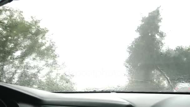 Vue sur la route depuis le pare-brise de la voiture sous la pluie. Des gouttes d'eau tombent sur le verre, ce qui le rend difficile à voir. 4k, au ralenti — Video