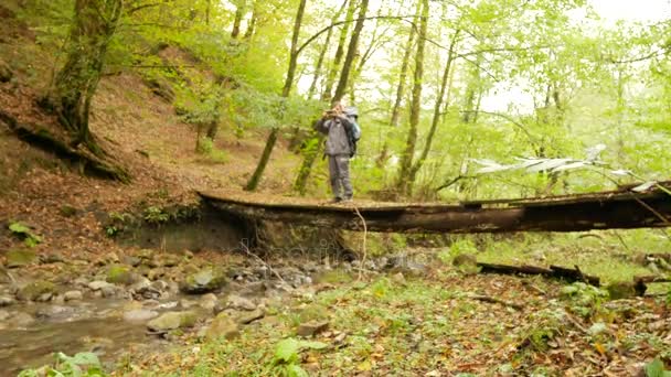 Um turista masculino cruza um rio de montanha em uma floresta ao longo de uma árvore caída. Aventuras e turismo extremo, superando obstáculos. 4k — Vídeo de Stock