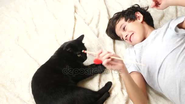 A black cat plays with a toy heart. 4k, slow motion. boy playing with a cat — Stock Video