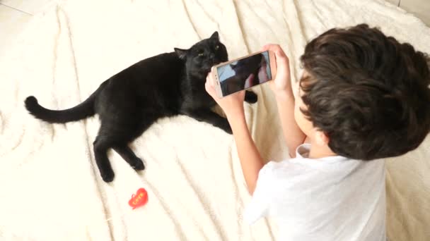 El niño toma fotos de un gato negro en su teléfono inteligente. mascotas. gato. 4k, cámara lenta — Vídeos de Stock