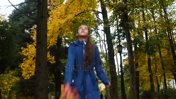 Mädchen sammelt bunte Blätter für einen Strauß. Herbstzeit. 4k, Zeitlupe — Stockvideo