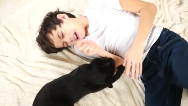 Umarmt und streichelt der Junge sein Haustier, eine schwarze Katze. 4k, Zeitlupe — Stockvideo