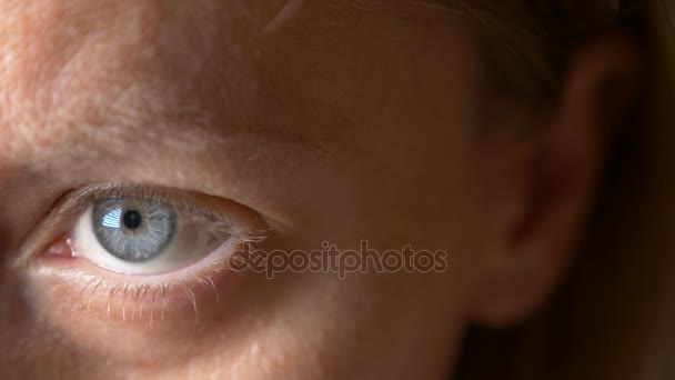 Крупный план, женский голубой глаз без макияжа, с длинными светлыми ресницами и бровями, 4k, замедленная съемка, копировальное пространство — стоковое видео