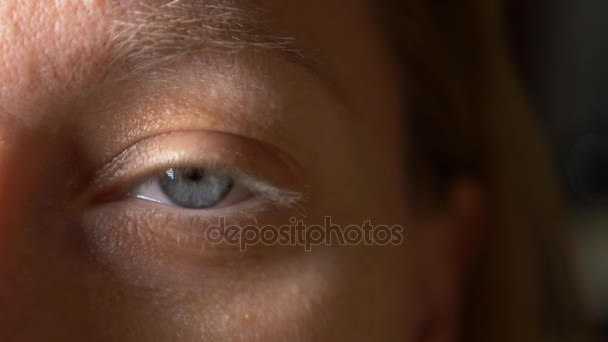 Primer plano, ojo azul femenino sin maquillaje, con pestañas y cejas largas y rubias, 4k, cámara lenta, espacio para copiar — Vídeos de Stock