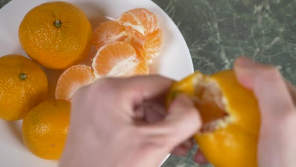 Las manos de las mujeres pelan la cáscara de mandarinas, rebanadas de mandarina se apilan en un tazón. 4k, cámara lenta — Vídeo de stock