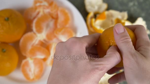 Las manos de las mujeres pelan la cáscara de mandarinas, rebanadas de mandarina se apilan en un tazón. 4k, cámara lenta — Vídeos de Stock