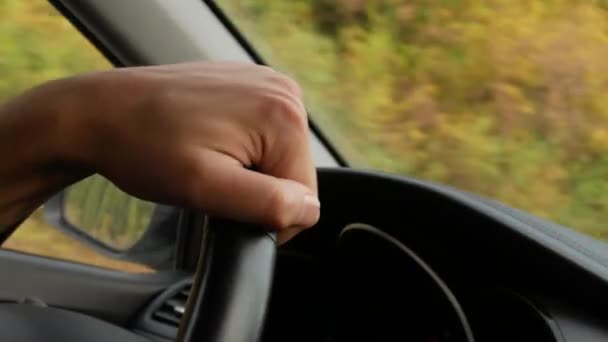 Vista de la carretera desde el parabrisas del coche. 4k. el hombre sostiene el volante . — Vídeo de stock