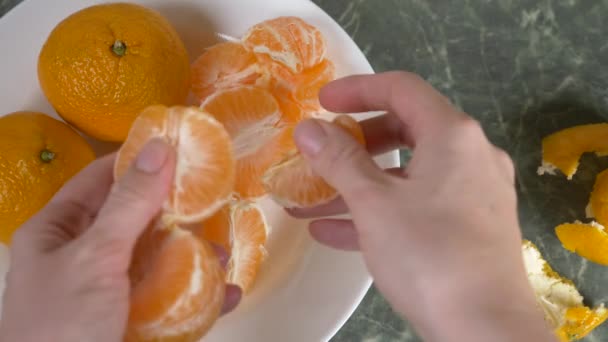Dámské ruce loupat kůra mandarinky, mandarinkové řezy jsou srovnány na hromádce v misce. 4k, pomalý pohyb — Stock video