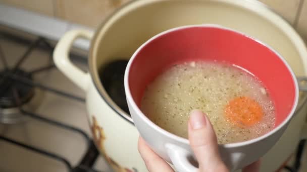 Alguien vierte una sopa de pollo de una cacerola en un tazón. 4k, cámara lenta — Vídeo de stock