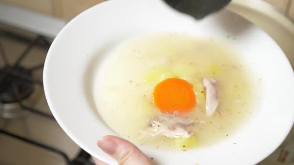 Alguém derrama uma sopa de frango de uma panela em uma tigela. 4k, câmera lenta — Vídeo de Stock