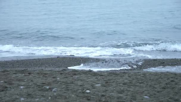 Pebble beach i solnedgången. Vågorna splatter och bryta i små droppar. 4k, Slowmotion — Stockvideo