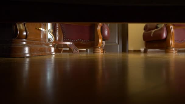 4k, slow motion, view from under the bed. A woman with a flashlight is looking for something under the bed. — Stock Video