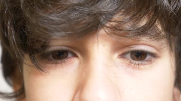 De bruine ogen van een jongen met lange zwarte wimpers. Hij kijkt onder een lang krullend maantop. 4 k, slow motion, close-up — Stockvideo