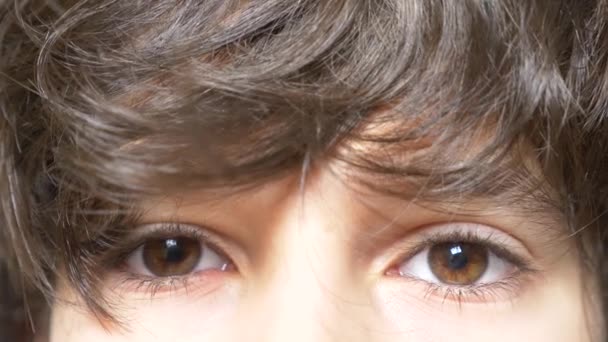 Os olhos castanhos de um rapaz com longas pestanas pretas. Ele olha de baixo de um longo e encaracolado testa. 4k, câmera lenta, close-up — Vídeo de Stock