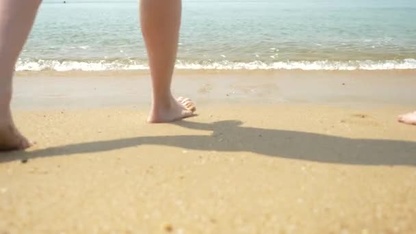 Una pareja está caminando por la playa en un día claro y soleado. se toman de la mano y se besan. los pies de hombres y mujeres caminando a lo largo de la orilla del mar. 4k, cámara lenta — Vídeo de stock