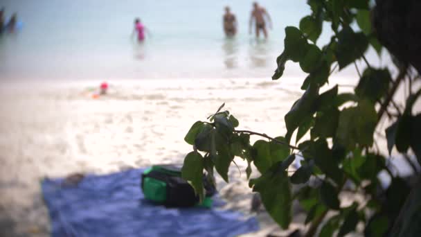 Spiaggia di sabbia affollata scena con turisti irriconoscibili. sfocatura, 4k, rallentatore — Video Stock