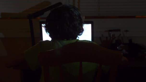 Boy využívá notebook v temné místnosti, 4k, pohled zezadu — Stock video
