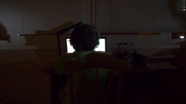 Niño utiliza un ordenador portátil en una habitación oscura, 4k, vista desde la parte posterior — Vídeos de Stock