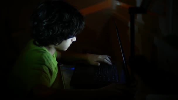 Niño utiliza un ordenador portátil en una habitación oscura, 4k , — Vídeo de stock