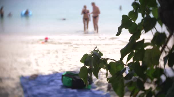 Trångt sandstrand scen med oigenkännliga turist personer. oskärpa, 4k, slow motion — Stockvideo