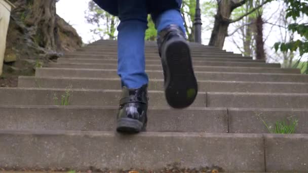 Primer plano de las piernas femeninas en zapatos negros subiendo escaleras, cámara lenta, 4k — Vídeos de Stock