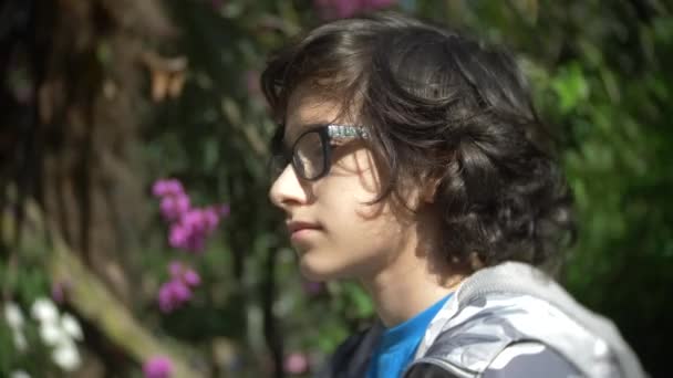 Retrato de un niño con gafas, mirando a la cámara en un parque de verano. 4k. cámara lenta — Vídeos de Stock