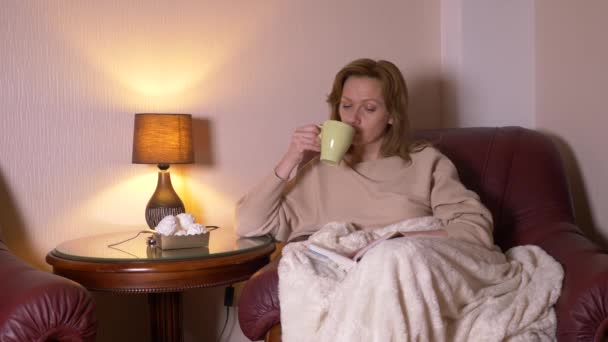 Por la noche, una chica está leyendo un libro debajo de una manta en una silla. bebiendo té caliente y comiendo malvaviscos. El concepto de relajación, la lectura de un libro. 4k, cámara lenta — Vídeos de Stock