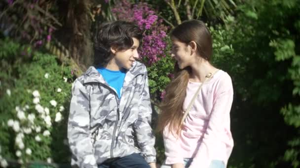 Dos lindo adolescente chico y chica hablando en un floreciente parque de primavera. 4k, cámara lenta — Vídeo de stock