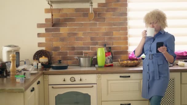 Μέτριο χτύπημα. κομψή γυναίκα που χρησιμοποιεί ένα κινητό τηλέφωνο στην κουζίνα στο σπίτι — Αρχείο Βίντεο