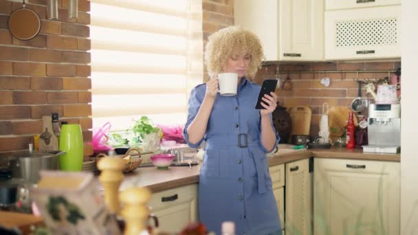 Un tiro medio. mujer elegante usando un teléfono móvil en la cocina en casa — Vídeos de Stock