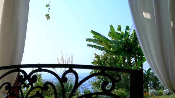 Rideaux blancs dans le gazebo. mer, horizon et plantes vertes — Video