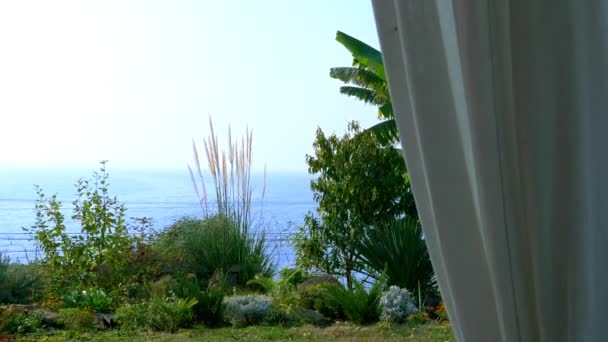 Cortinas blancas en el cenador. mar, horizonte y plantas verdes — Vídeos de Stock