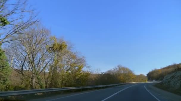 Vista do pára-brisas de um carro durante a condução. estrada vazia rodeada de campos — Vídeo de Stock