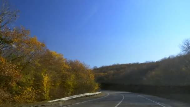 Kilátás egy mozgó autó ablakából az őszi tájra — Stock videók