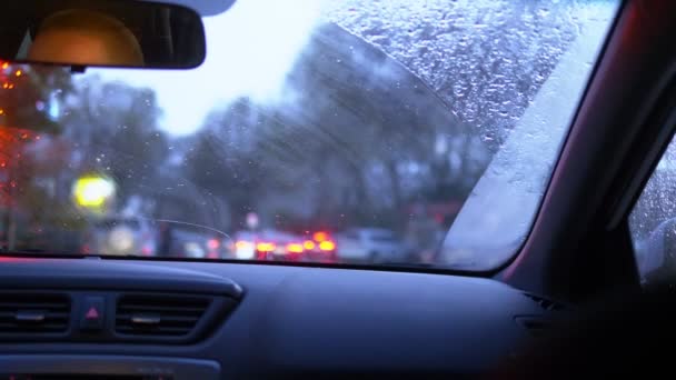 La vue depuis la fenêtre de la voiture sous la pluie. un piéton traverse la route — Video