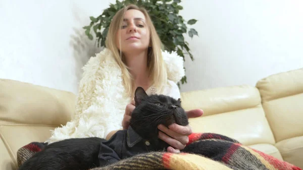 Девушка, гладит черную кошку в рубашке. Сильная самодостаточная женщина с котом — стоковое фото