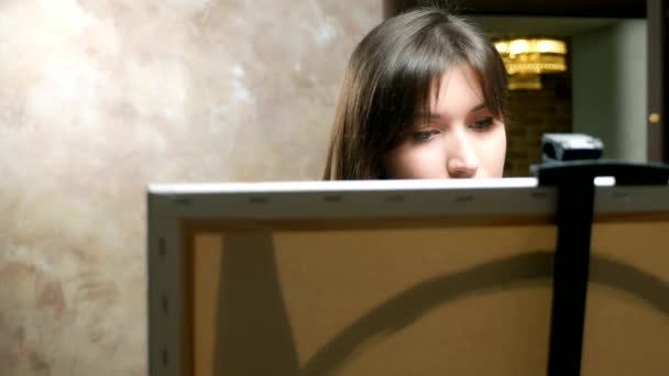 Mooi sexy meisje kunstenaar schildert een beeld op doek in de loft — Stockvideo