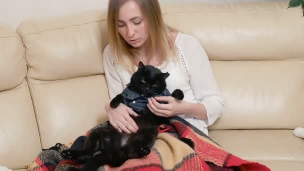 Tyttö silitti mustaa kissaa paidassa. Vahva omavarainen nainen kissan kanssa — kuvapankkivideo