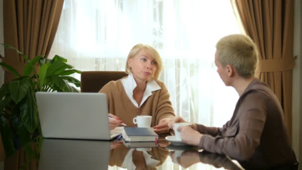 Consultor mulher mostra uma mulher informações sobre o cliente no laptop — Vídeo de Stock
